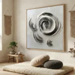Gestural abstract hand-painted canvas with swirling black brushstrokes and circular forms in monochrome, modern living space
