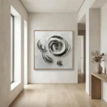 Gestural abstract hand-painted canvas with dynamic circular brushstrokes in black and white, modern entryway