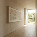 Minimalist hand-painted canvas featuring a grid of warm earth-tone color swatches in subtle gradations, modern hallway setting