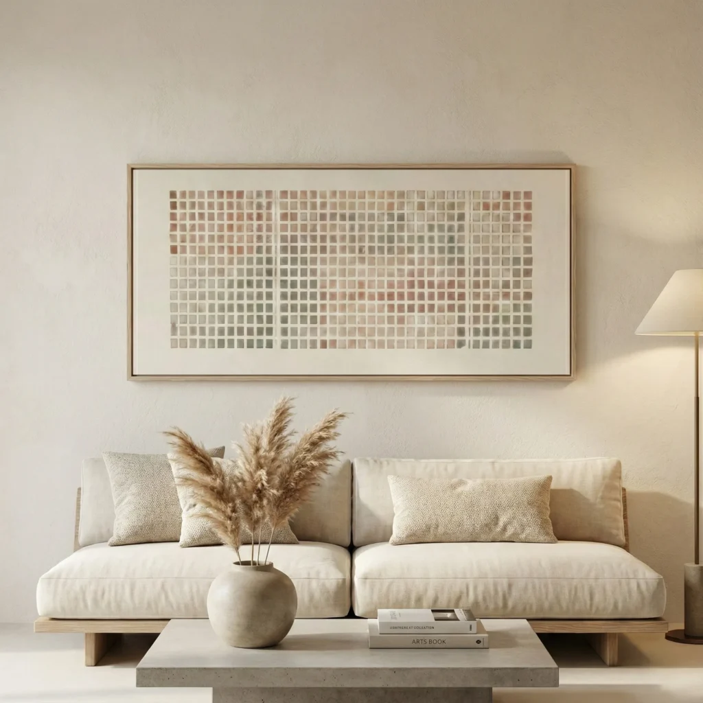 Minimalist abstract hand-painted canvas in layered taupe and cream tones with pixelated grid pattern, contemporary living space