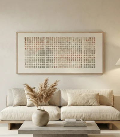 Minimalist abstract hand-painted canvas in layered taupe and cream tones with pixelated grid pattern, contemporary living space