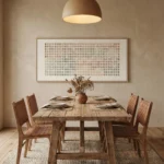 Minimalist hand-painted canvas featuring gradient color palette grid in neutral earth tones, dining space