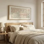 Minimalist hand-painted canvas with gradient color palette squares in warm earth tones, modern bedroom