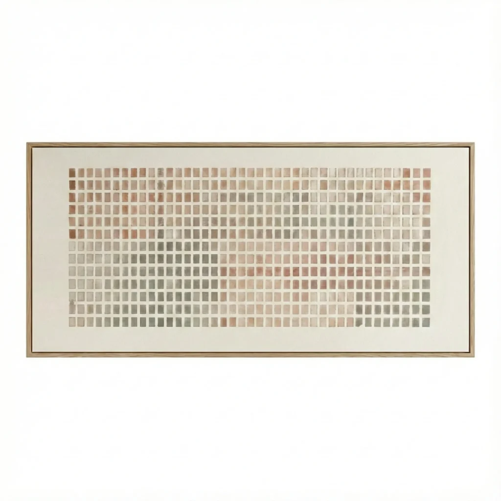 Minimalist tonal hand-painted canvas with gridded color blocks in muted terracotta, sage, and cream palette