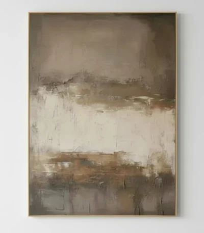 Layered abstract hand-painted canvas in muted taupe, cream and brown tones with gestural brushwork, contemporary living space