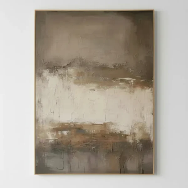 Layered taupe, cream and charcoal textured abstract horizon with a warm rust base band, thin gold frame