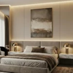 Layered abstract hand-painted canvas in warm neutrals and soft grays with gestural brushwork, modern bedroom setting