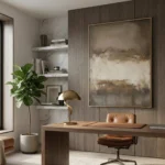 Layered abstract landscape painting in soft cream, taupe and rust tones with gestural brushwork, hand-painted canvas in contemporary office