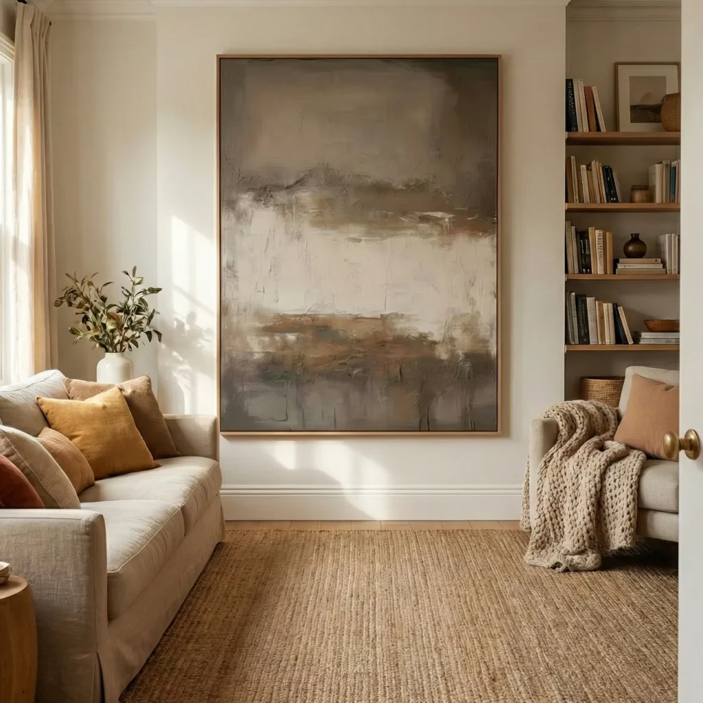 Layered abstract hand-painted canvas in muted greys, whites and warm earth tones, contemporary living space