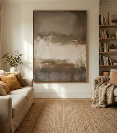Layered abstract hand-painted canvas in muted greys, whites and warm earth tones, contemporary living space