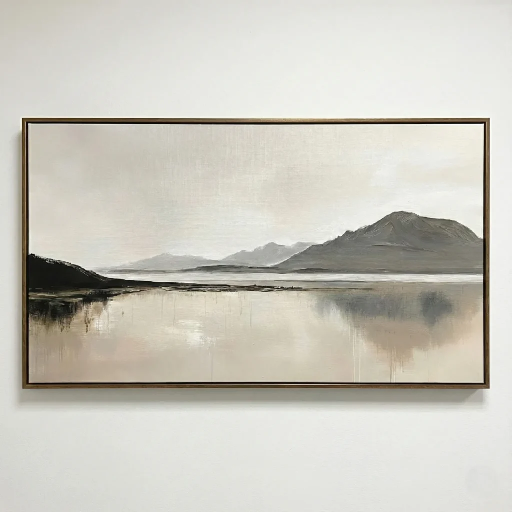 Contemporary landscape hand-painted canvas depicting serene mountain lake reflection in muted grays and creams, modern living space