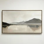 Contemporary landscape hand-painted canvas depicting serene mountain lake reflection in muted grays and creams, modern living space
