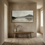 Minimalist landscape hand-painted canvas depicting serene mountain and water reflections in muted grays and taupes, contemporary interior