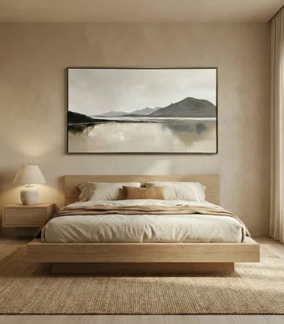 Minimalist landscape hand-painted canvas depicting misty mountains and still water in muted grays and beiges, modern bedroom