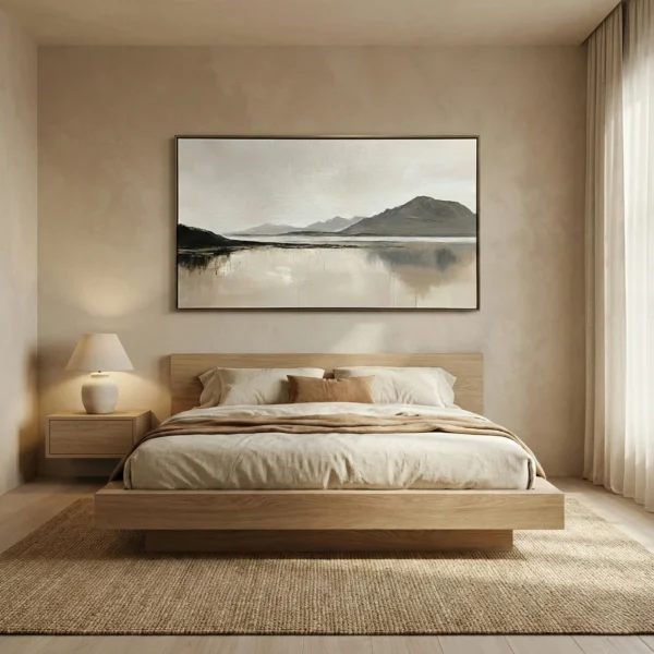 Minimalist landscape hand-painted canvas depicting misty mountains and still water in muted grays and beiges, modern bedroom