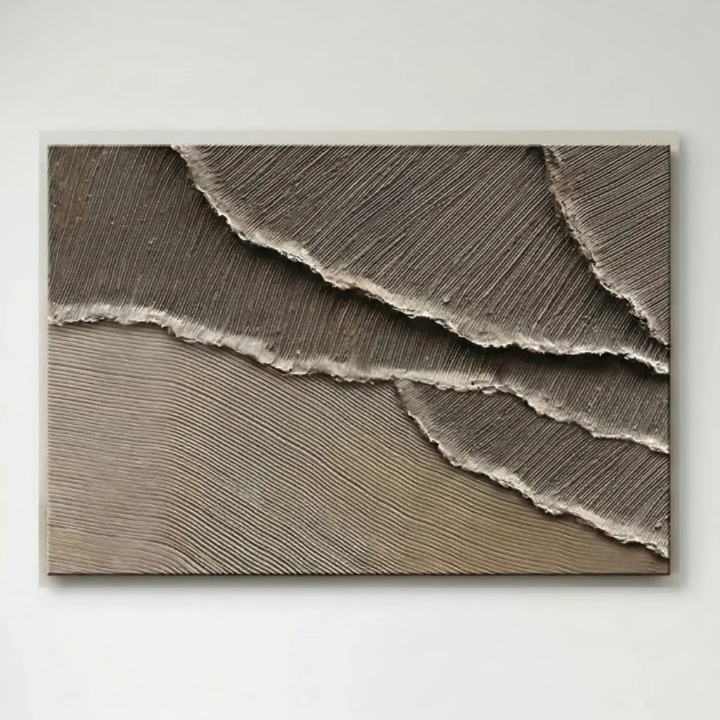Textured abstract hand-painted canvas with layered torn paper effect in warm neutral and grey tones, contemporary wall art