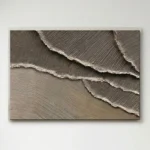 Textured abstract hand-painted canvas with layered torn paper effect in warm neutral and grey tones, contemporary wall art