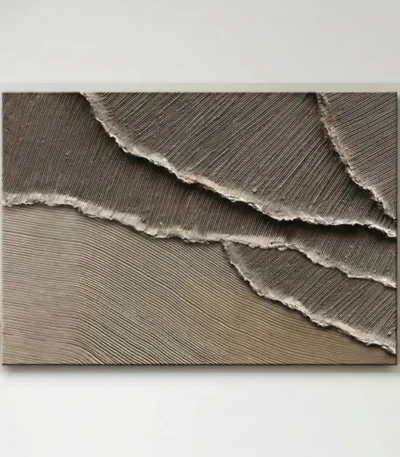 Textured abstract hand-painted canvas with layered torn paper effect in warm neutral and grey tones, contemporary wall art