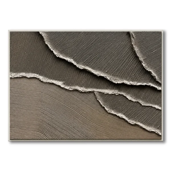 Plaster relief of layered torn-paper-like ridges in taupe and grey, cream thin frame