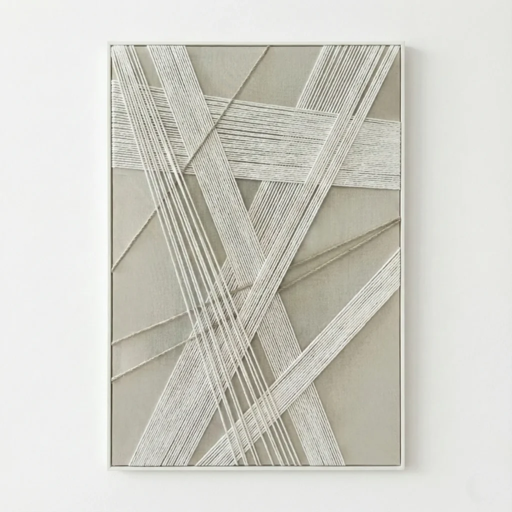 Contemporary abstract hand-painted canvas with interlocking geometric lines in cream and white tones
