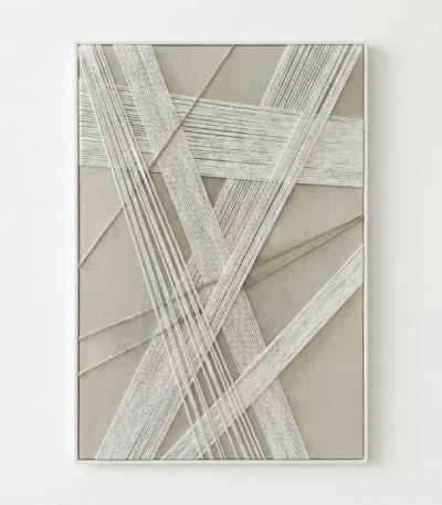 Contemporary abstract hand-painted canvas with interlocking geometric lines in cream and white tones