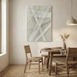 Minimalist abstract hand-painted canvas with interwoven linear patterns in soft grey and cream tones, contemporary dining space