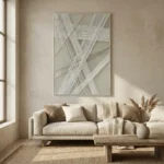 Contemporary abstract hand-painted canvas with interlocking linear patterns in monochrome grey tones, modern living space