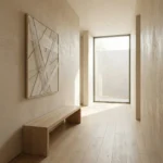 Minimalist abstract hand-painted canvas with geometric line work in warm neutral tones, modern hallway setting
