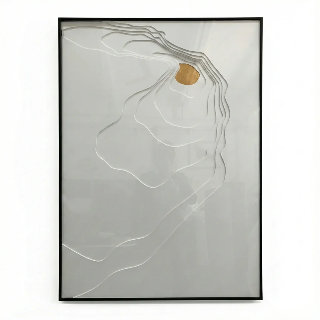Minimalist hand-painted canvas with layered paper-cut relief silhouette and gold leaf accent, soft grey and cream tones