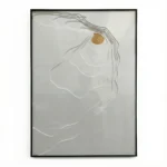 Minimalist hand-painted canvas with layered paper-cut relief silhouette and gold leaf accent, soft grey and cream tones