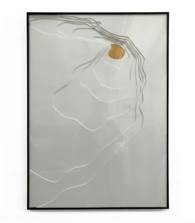 Minimalist hand-painted canvas with layered paper-cut relief silhouette and gold leaf accent, soft grey and cream tones