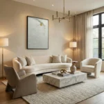Minimalist hand-painted canvas with gestural line drawing and gold accent, muted greige tones, contemporary living space