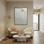 Minimalist hand-painted canvas depicting abstract profile with flowing lines and ochre accent, neutral tones, contemporary living space