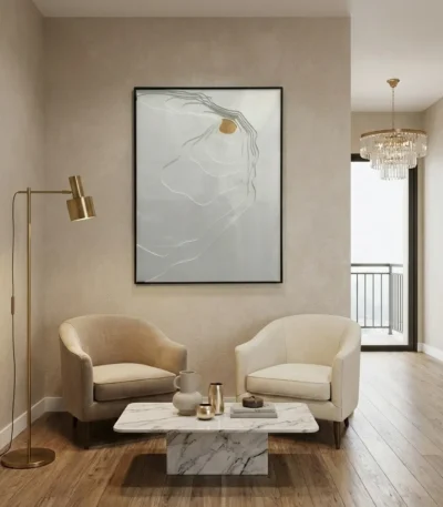 Minimalist hand-painted canvas depicting abstract profile with flowing lines and ochre accent, neutral tones, contemporary living space