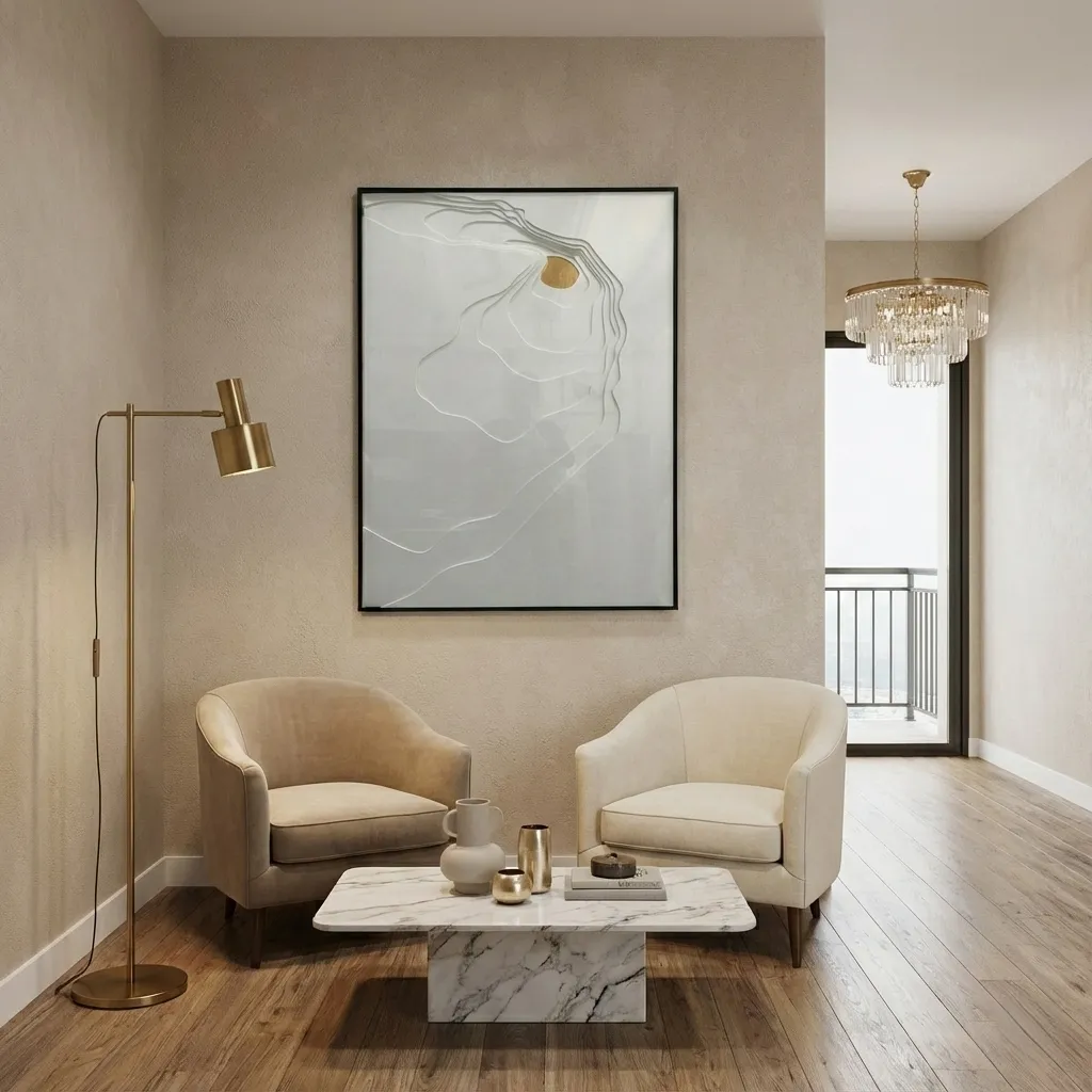 Minimalist hand-painted canvas depicting abstract profile with flowing lines and ochre accent, neutral tones, contemporary living space