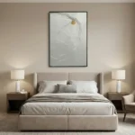 Minimalist hand-painted canvas with gestural line drawing and warm ochre accent, muted neutral palette, modern bedroom setting
