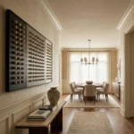 Minimalist hand-painted canvas with geometric wooden cylinder composition in warm neutral tones, contemporary dining space