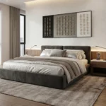Minimalist hand-painted canvas with geometric gridded circles in monochrome black, grey and cream tones, contemporary bedroom