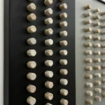 Minimalist hand-painted canvas featuring dimensional cork stoppers in grid formation, natural cream tones, contemporary gallery wall