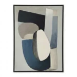 Minimalist abstract hand-painted canvas with layered geometric forms in navy, cream, grey and black tones