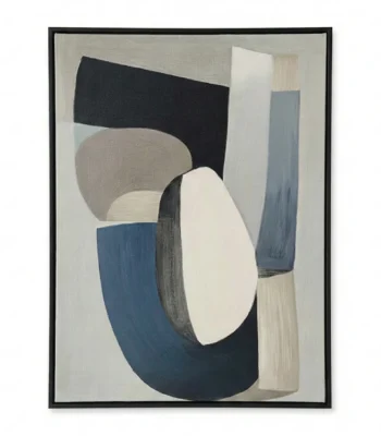 Minimalist abstract hand-painted canvas with layered geometric forms in navy, cream, grey and black tones