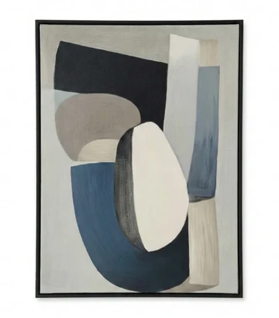 Minimalist abstract hand-painted canvas with layered geometric forms in navy, cream, grey and black tones