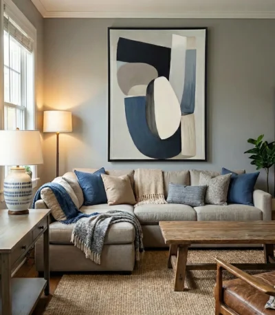 Minimalist abstract hand-painted canvas in navy, cream and grey organic shapes, contemporary living space