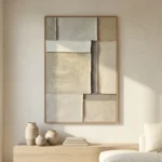 Quiet Strata textured wall art shown framed on the wall in a styled interior