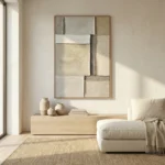 Textured abstract hand-painted canvas in layered cream and taupe tones with geometric composition, contemporary living space