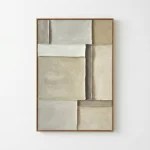 Minimalist hand-painted canvas with layered cream and beige textile panels, creating dimensional abstract composition in neutral tones