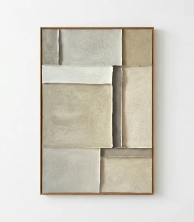 Minimalist hand-painted canvas with layered cream and beige textile panels, creating dimensional abstract composition in neutral tones