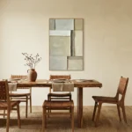 Minimalist abstract hand-painted canvas in layered cream, taupe, and white tones, contemporary dining space