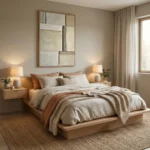 Textured abstract hand-painted canvas with layered cream and taupe geometric forms, modern bedroom setting