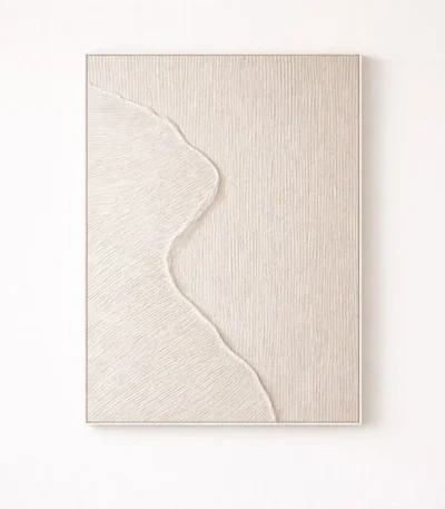 Minimalist textured hand-painted canvas with organic curved lines in cream and warm beige tones